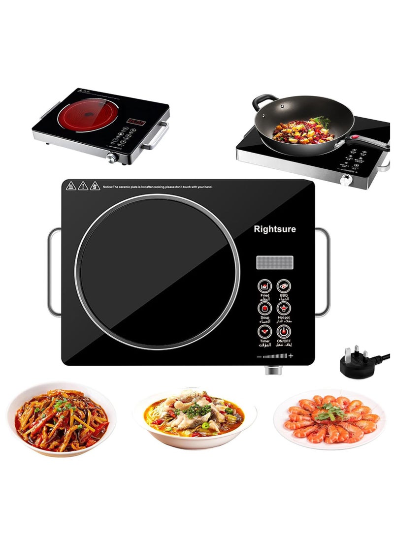 رايتشر طباخ الأشعة تحت الحمراء، 2200 واط، موقد كهربائي من السيراميك، موقد كهربائي ذو شعلة واحدة ولوح زجاجي بلوري مزدوج مع تحكم باللمس في درجة الحرارة قابل للتعديل وحماية من الحرارة الزائدة (أسود) - Image 1