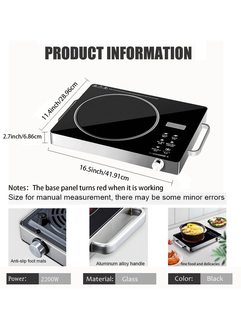 رايتشر طباخ الأشعة تحت الحمراء، 2200 واط، موقد كهربائي من السيراميك، موقد كهربائي ذو شعلة واحدة ولوح زجاجي بلوري مزدوج مع تحكم باللمس في درجة الحرارة قابل للتعديل وحماية من الحرارة الزائدة (أسود) - Image 5