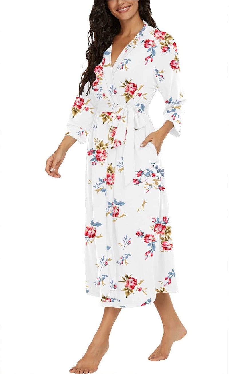 VINTATRE VINTATRE Women Kimono Robes Long Knit Bathrobe Lightweight Soft Knit Sleepwear V-neck Casual Ladies Loungewear FP-White-Medium  - Image 2