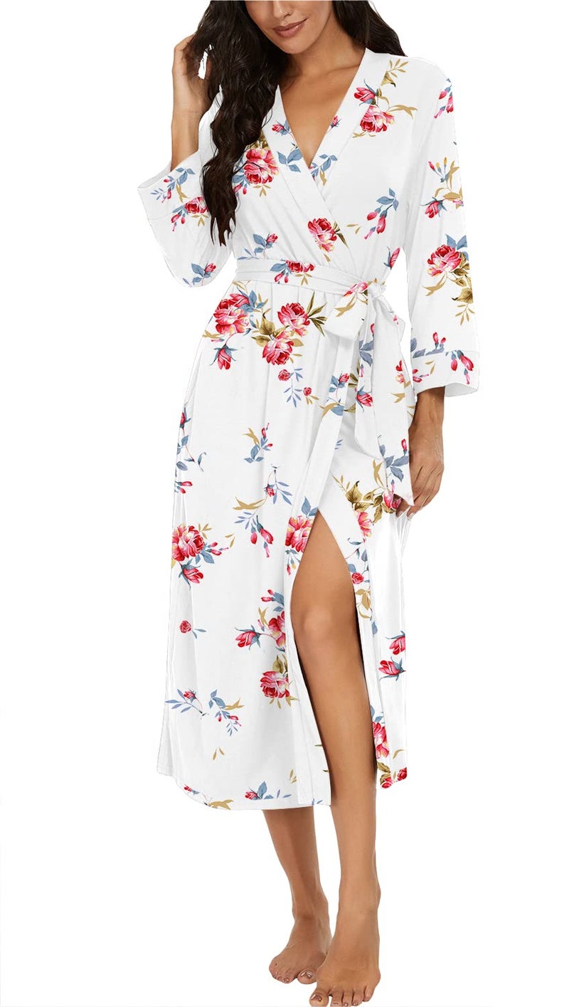 VINTATRE VINTATRE Women Kimono Robes Long Knit Bathrobe Lightweight Soft Knit Sleepwear V-neck Casual Ladies Loungewear FP-White-Medium  - Image 1