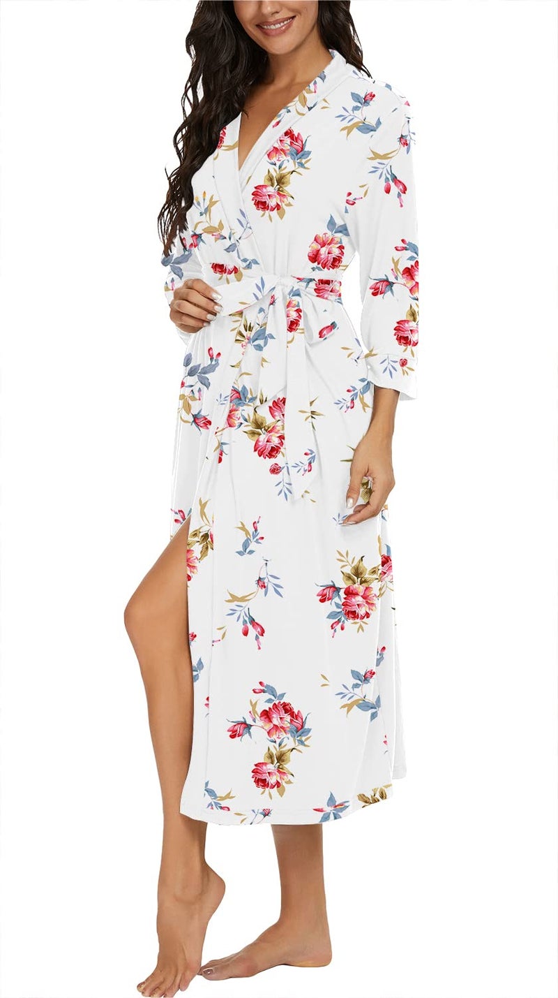 VINTATRE VINTATRE Women Kimono Robes Long Knit Bathrobe Lightweight Soft Knit Sleepwear V-neck Casual Ladies Loungewear FP-White-Medium  - Image 4