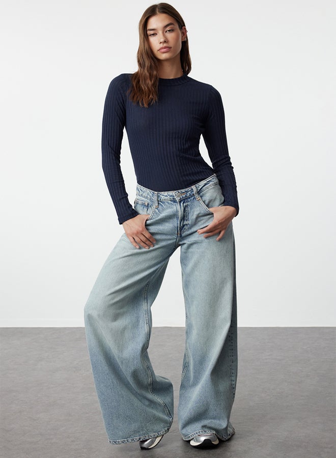 trendyol Navy Blue High Collar Ribbed Flexible Slim Fit Knitted Blouse TWOAW20BZ0200 - Image 3