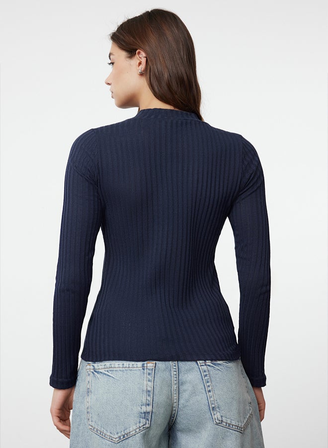 trendyol Navy Blue High Collar Ribbed Flexible Slim Fit Knitted Blouse TWOAW20BZ0200 - Image 5