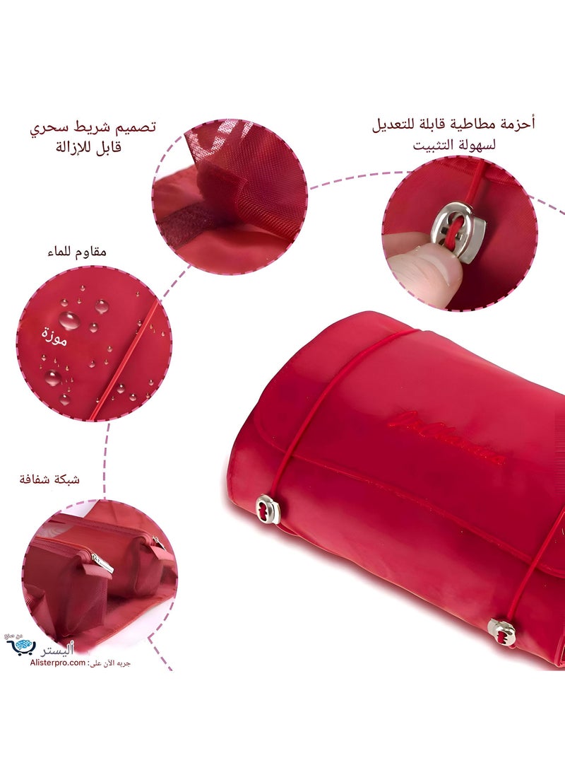 ماركة غير محددة مجموعة السفر - حقيبة مكياج معلقة أنيقة 4 -في 1 ، مصممة لتنظيم مستحضرات التجميل السهلة مع التخزين القابل للإزالة ، مثالية لكل من الرجال والنساء - نمط البوليستر الأحمر المذهل  - Image 3