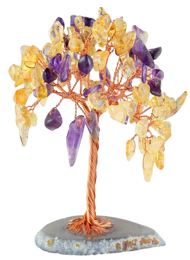 mookaitedecor Natural Citrine & Amethyst Crystal Tree Copper Money Tree with Agate Slice Base Home Decoration for Wealth and Luck 3.5"-4" - Image 1