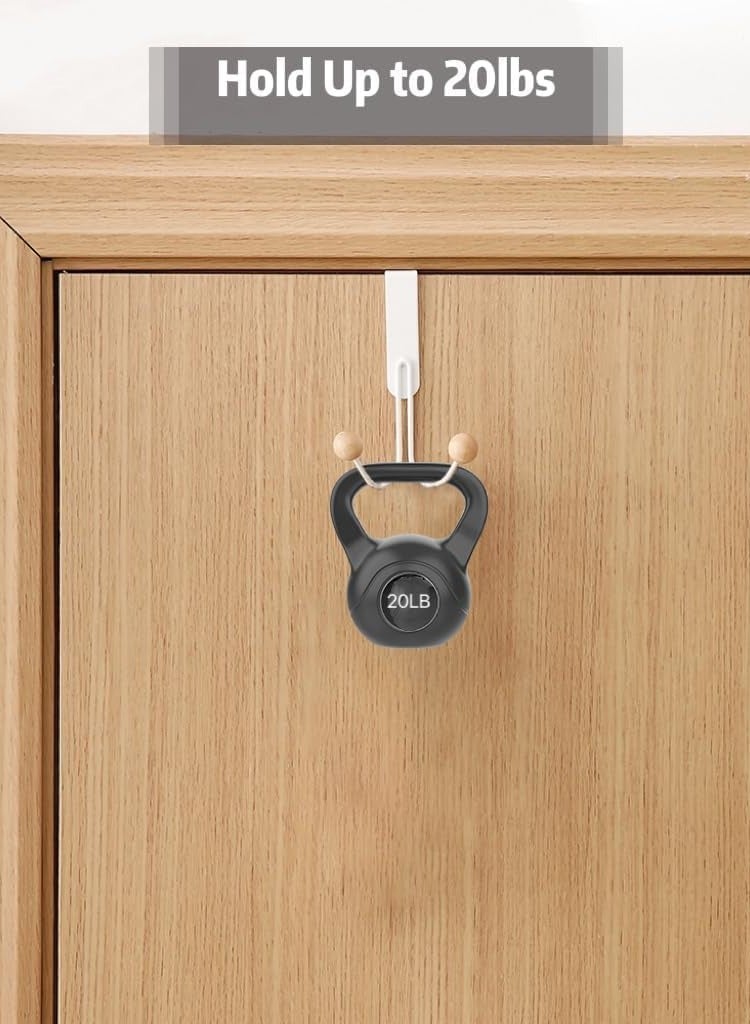 SOLARAE Over The Door Hooks 4 Pack Heavy Duty Organizer Hooks with Double Wood Hooks Door Hanging Hooks for Hanging Coats Hats Robes Towels Bathroom Living Room Kitchen Clothes Shoe Bag White - Image 3
