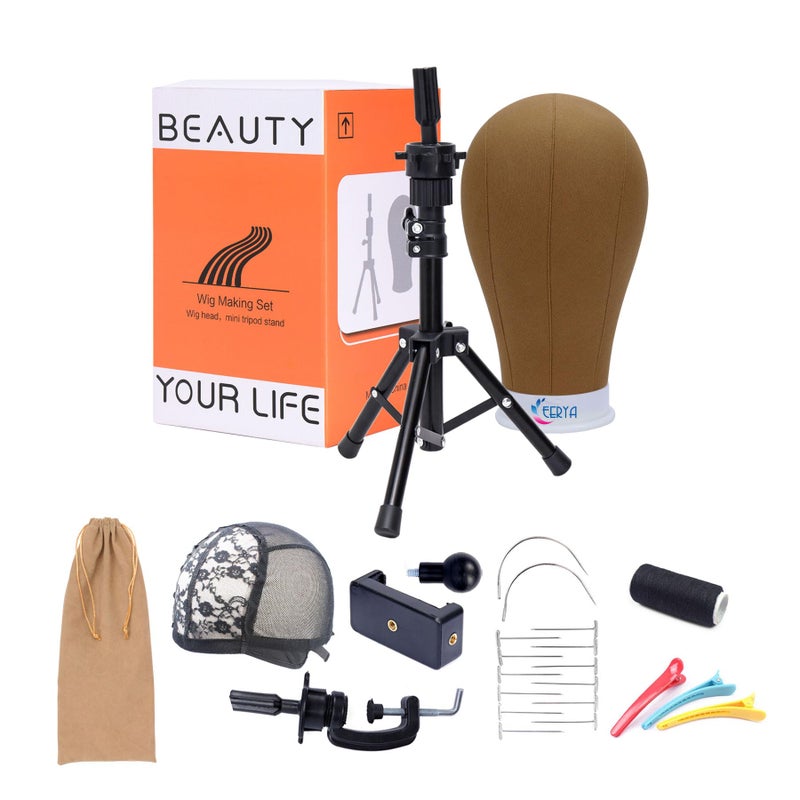 EERYA Wig Stand 22 Inch Brown Wig Head Stand with Mannequin Head Tripod for Styling Displaying Wigs