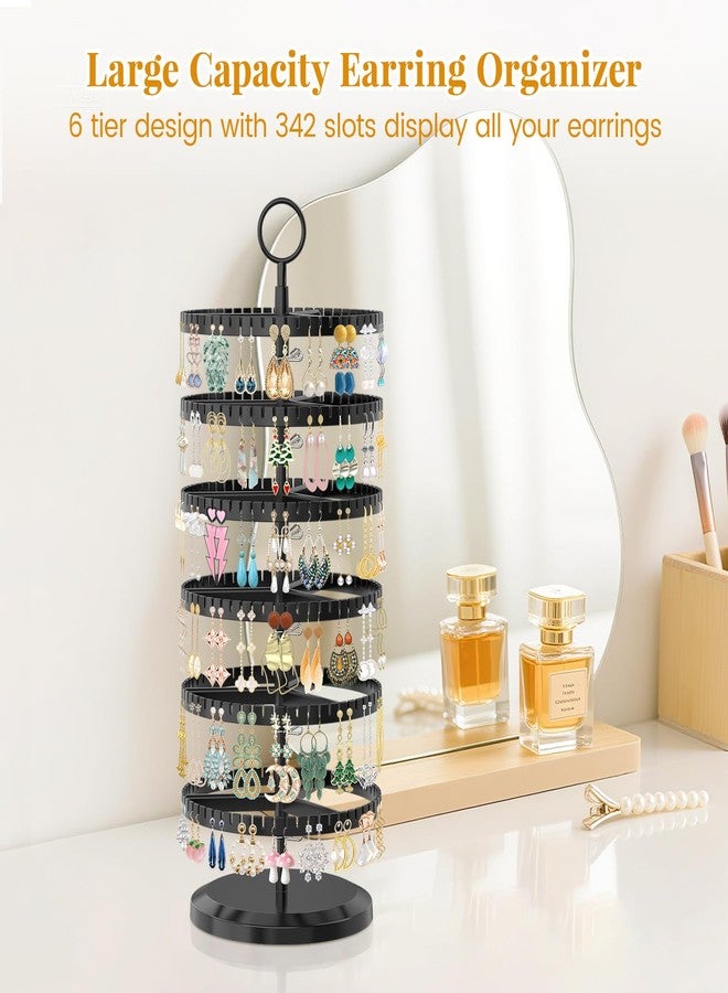 EsLuker.ly Earring Holder Organizer Rotating Stud Display Tree Rack with 342 U-Slots for Women Girls, Large Adjustable 6 Tier Plastic Storage Stand with Metal Tray for Pierced Hoop Post Earring, Black - Image 2