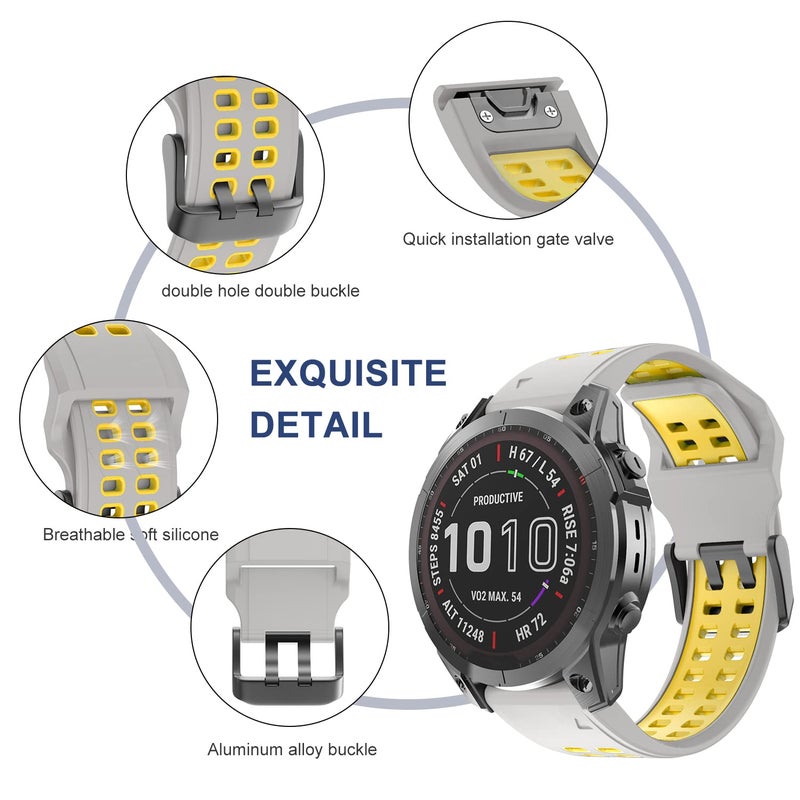 OVERSTEP Compatible with Garmin Fenix 7 Band, 22mm Easy-fit Sport Silicone Strap for Fenix 5/Fenix 5 Plus/Fenix 6/Fenix 6 Pro Smartwatch, Gray Yellow - Image 3