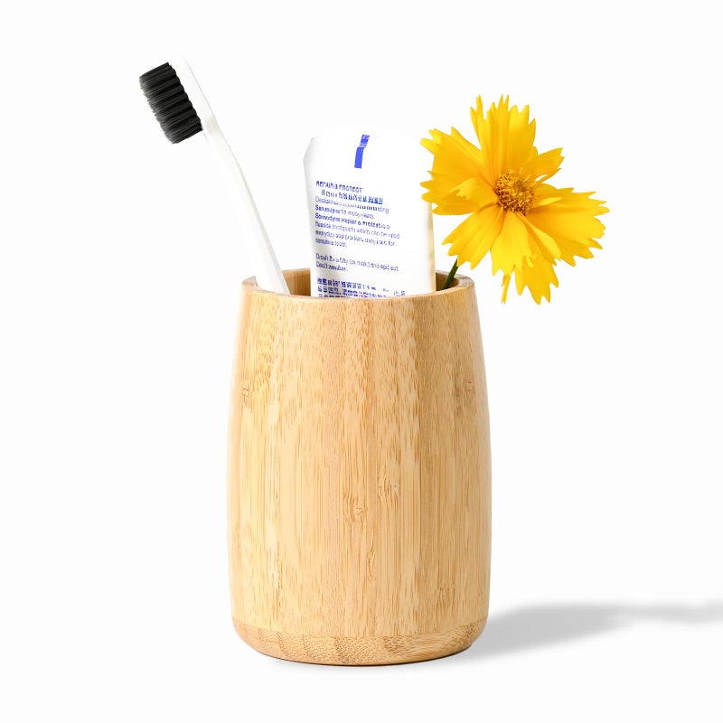 ABBI NIMO Natural Bamboo Toothbrush Holder, Simple Minimal Cylindrical Tumbler for Bathroom Countertop, Unbreakable Makeup Brush or Pen Organizer, Desktop Accessory - Image 1