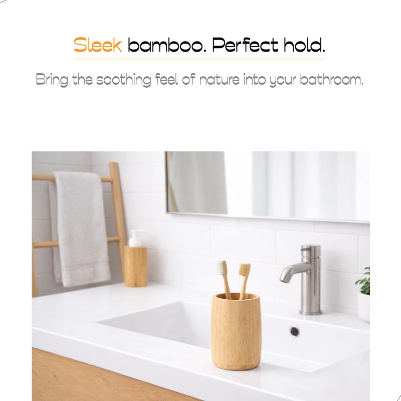 ABBI NIMO Natural Bamboo Toothbrush Holder, Simple Minimal Cylindrical Tumbler for Bathroom Countertop, Unbreakable Makeup Brush or Pen Organizer, Desktop Accessory - Image 2