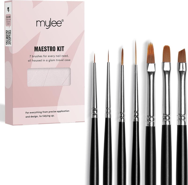 Mylee Maestro Nail Brush Kit 7x Brushes Design for Gel Nail Art Polish Application Oval Angled Ombre Fine Professional Quality Manicure Painting Tool Liner Drawing Pen for Home Salon Use