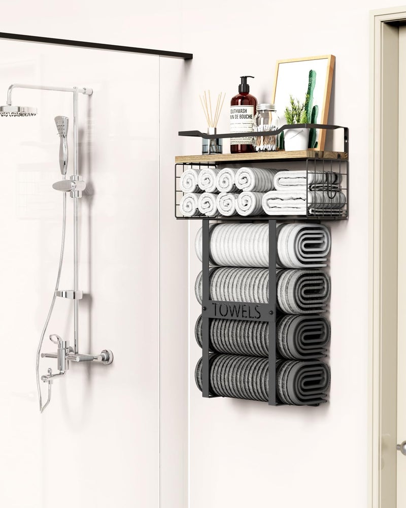 Aetyord Towel Racks for Bathroom Wall Mounted - Bath Wall Towel Holder Set Above Toilet Storage, Rolled Towel Shelf Organizer for Small Bathroom, Wood Vertical Towel Rack for Bathroom Wall Decor - Image 2