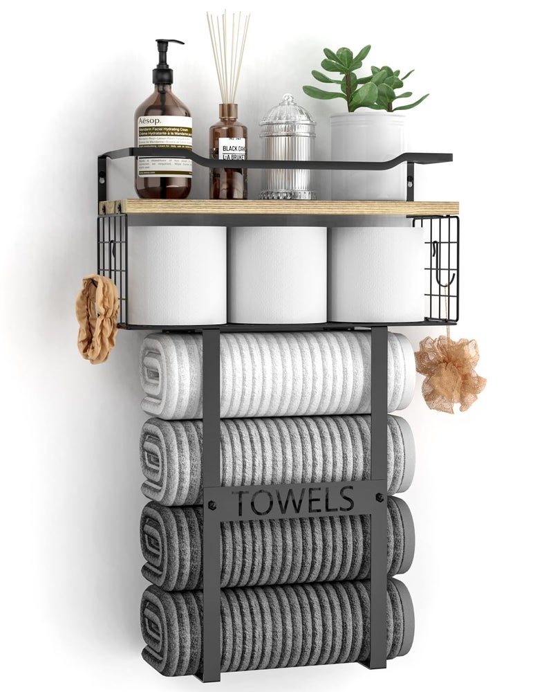 Aetyord Towel Racks for Bathroom Wall Mounted - Bath Wall Towel Holder Set Above Toilet Storage, Rolled Towel Shelf Organizer for Small Bathroom, Wood Vertical Towel Rack for Bathroom Wall Decor - Image 1
