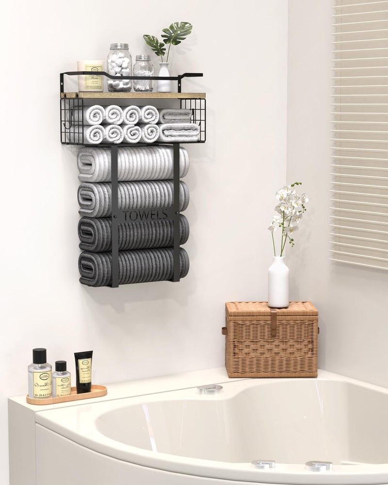 Aetyord Towel Racks for Bathroom Wall Mounted - Bath Wall Towel Holder Set Above Toilet Storage, Rolled Towel Shelf Organizer for Small Bathroom, Wood Vertical Towel Rack for Bathroom Wall Decor - Image 3