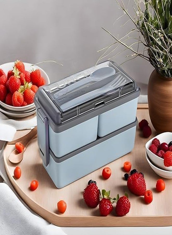 Aldea Double Decker Plastic Lunch Box | 3 Detachable Containers with 2 Spoons | Stylish Airtight Lid | BPA-Free | Pistachio Green - Image 2