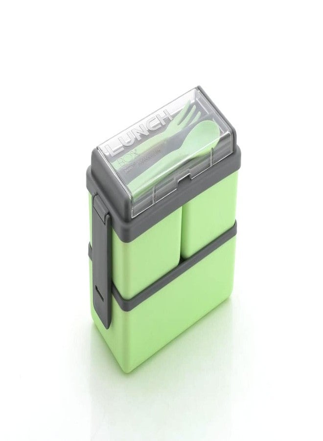 Aldea Double Decker Plastic Lunch Box | 3 Detachable Containers with 2 Spoons | Stylish Airtight Lid | BPA-Free | Pistachio Green - Image 3