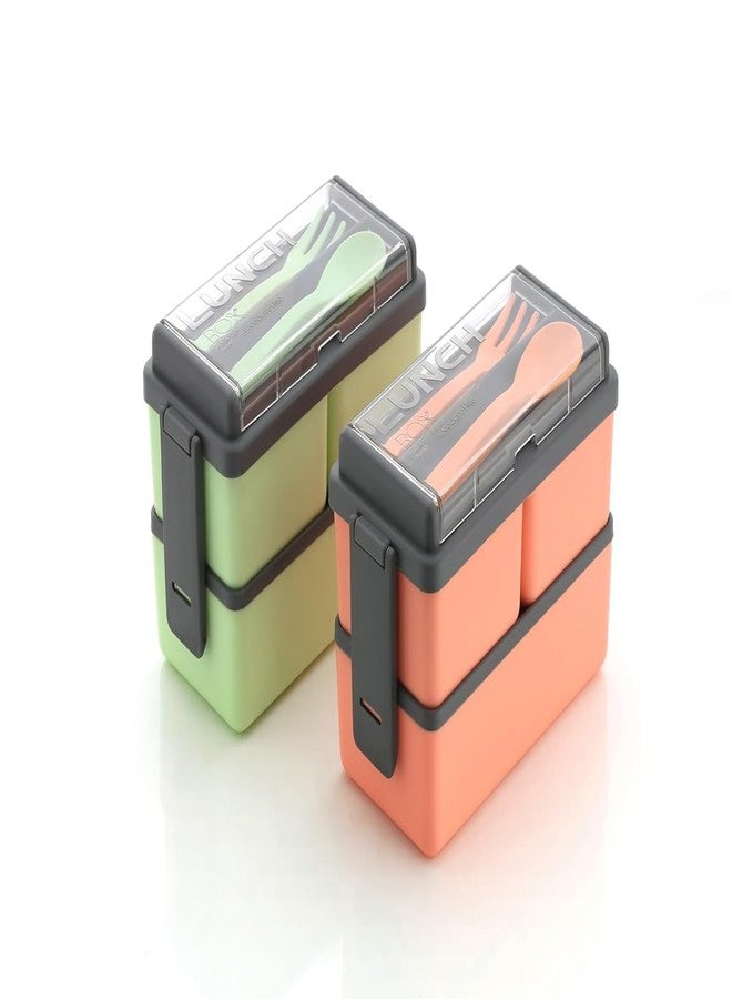 Aldea Double Decker Plastic Lunch Box | 3 Detachable Containers with 2 Spoons | Stylish Airtight Lid | BPA-Free | Pistachio Green - Image 1