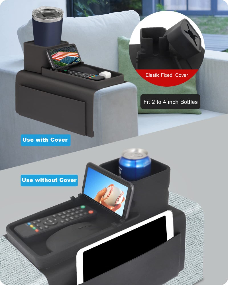 VIENFUT Silicone Couch Cup Holder, VIENFUT Anti-Spill Anti-Slip Sofa Armrest Tray BPA-Free, Dirt-Resistant Silicone Couch Arm Tray for Remote, Snacks, Cellphone and iPad, Gift for Family, Friend (Black) - Image 2