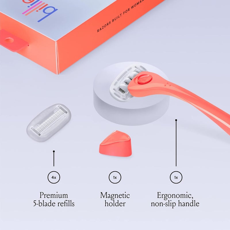 Billie Razors for Women Shave Kit – Women’s Razor + 4 x 5-Blade Razor Refills + Magnetic Holder – Coral - Image 2