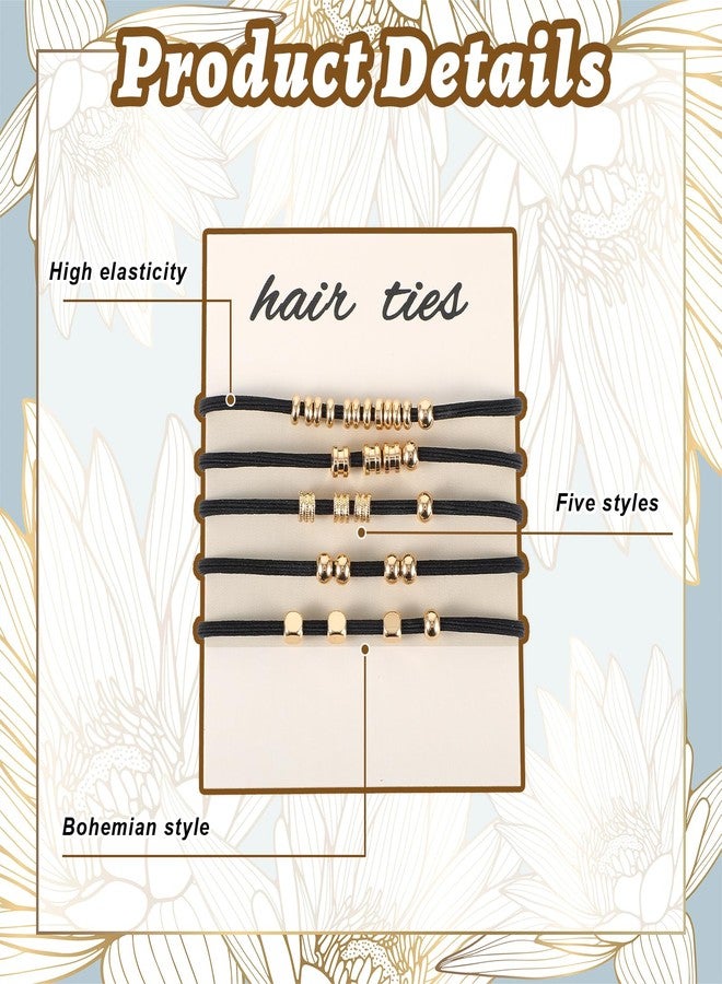 Yuanchu 5Pcs Boho Hair Tie Bracelets for Women, Cute Elastic No Damage Pony Tails Hair Ties Gold Beaded Hair Tie Ponytail Holders Hair Bands with Gold Jewelry Hair Accessories for Gifts(Black) - Image 3