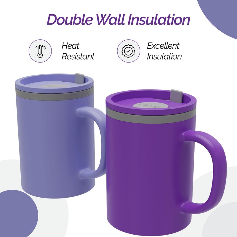 Copco Iconic 16oz Double Wall Insulated Desk Mug with Lid & Handle, Set of 2, BPA-Free Reusable Plastic, Spill-Proof, Microwave & Dishwasher Safe, Wide Mouth, Cup Holder Friendly (Purple/Light Purple) - Image 3