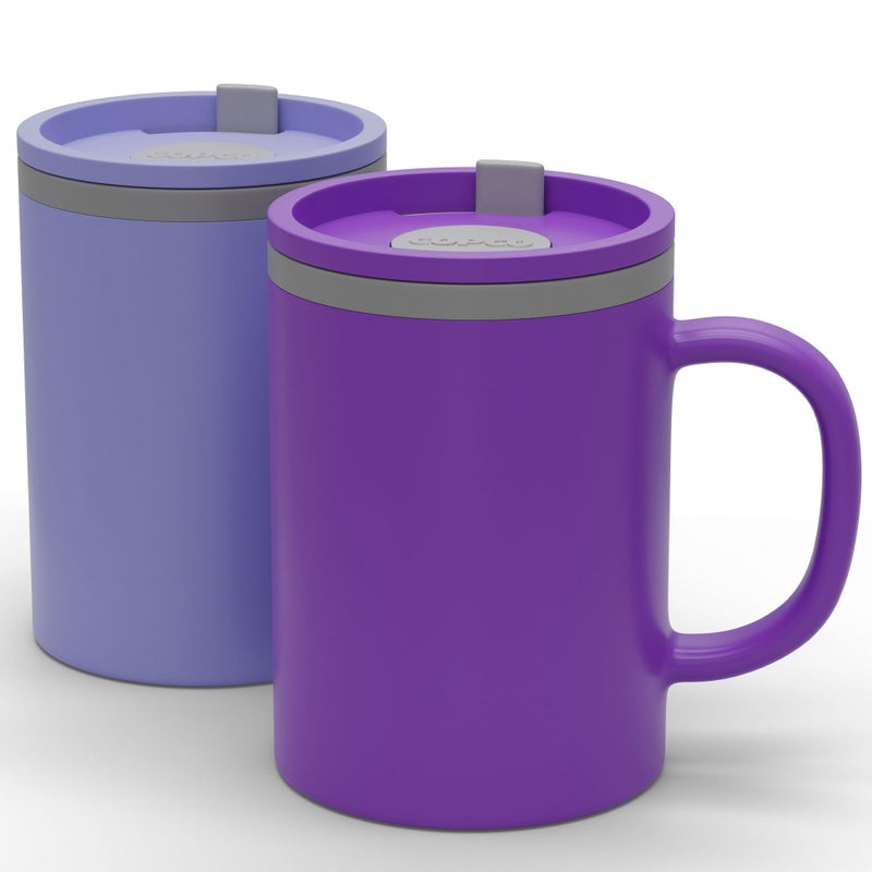 Copco Iconic 16oz Double Wall Insulated Desk Mug with Lid & Handle, Set of 2, BPA-Free Reusable Plastic, Spill-Proof, Microwave & Dishwasher Safe, Wide Mouth, Cup Holder Friendly (Purple/Light Purple) - Image 1