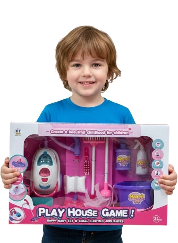 Premium Play House Game Cleaning Set for Kids – Pink Household Appliance Toy Set with Vacuum Cleaner, Mop and Accessories, Pretend Home Play - Image 2