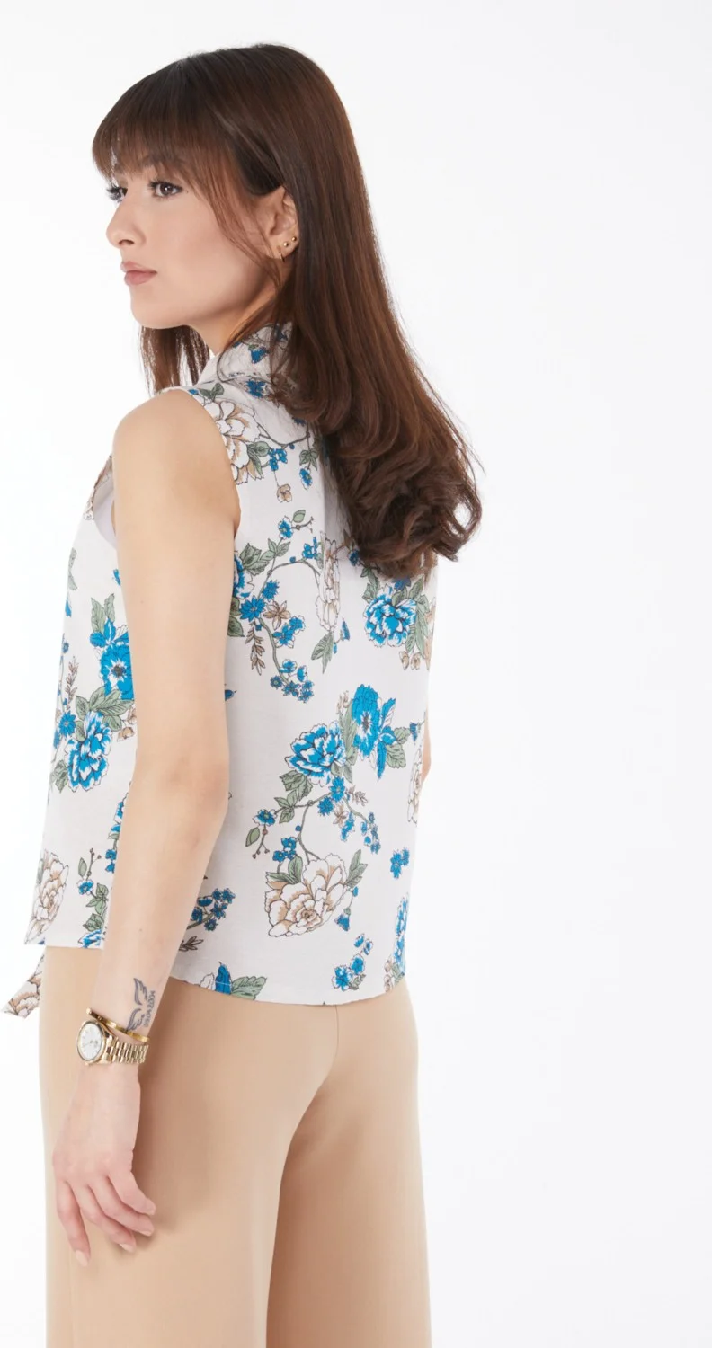 Tofisa Plain Shirt Collar Women's Blue Waist Tie Patterned Shirt - 13152