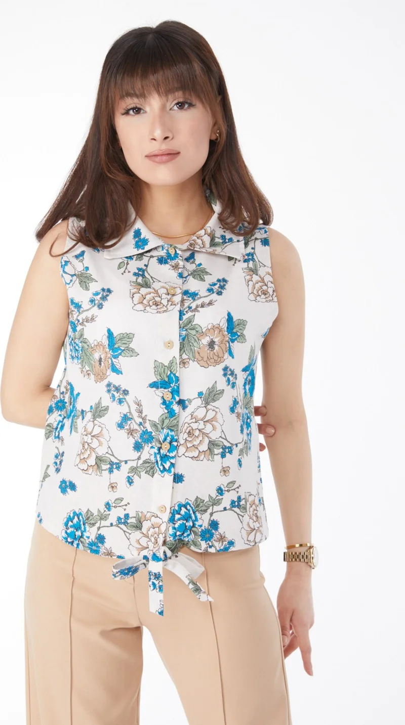 Tofisa Plain Shirt Collar Women's Blue Waist Tie Patterned Shirt - 13152