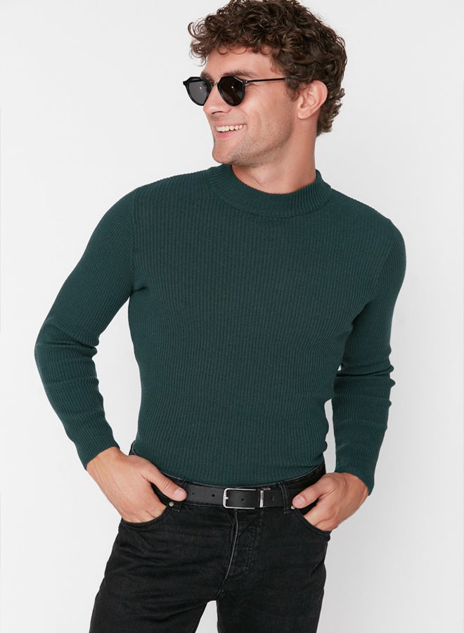trendyol Emerald Green Fitted Slim Fit Cotton Half Turtleneck Ribbed Knitwear Sweater - Image 1