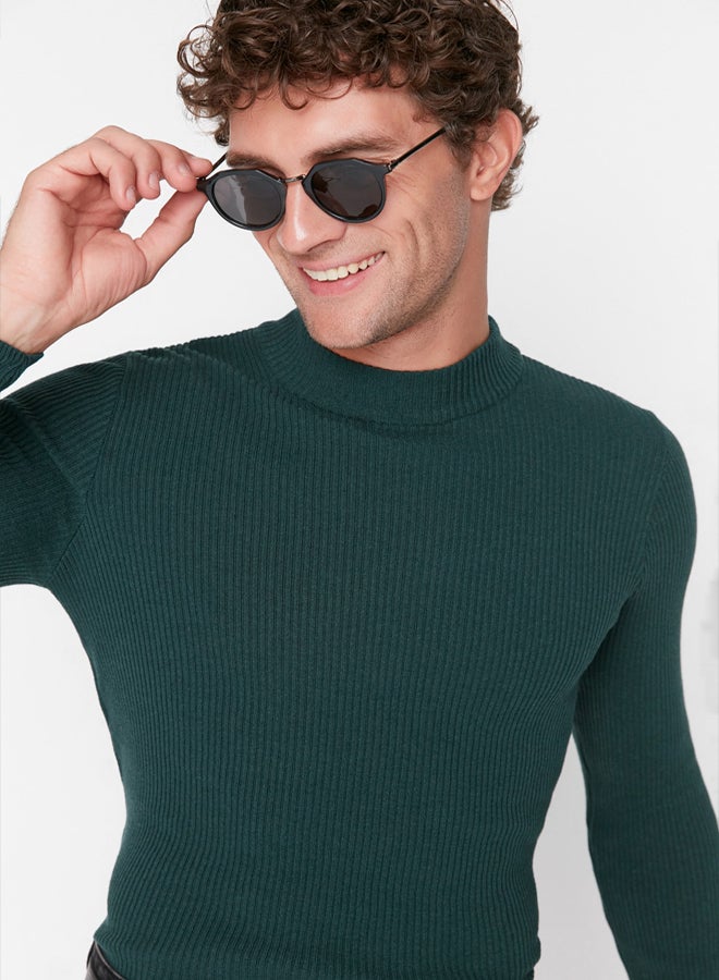 trendyol Emerald Green Fitted Slim Fit Cotton Half Turtleneck Ribbed Knitwear Sweater - Image 3