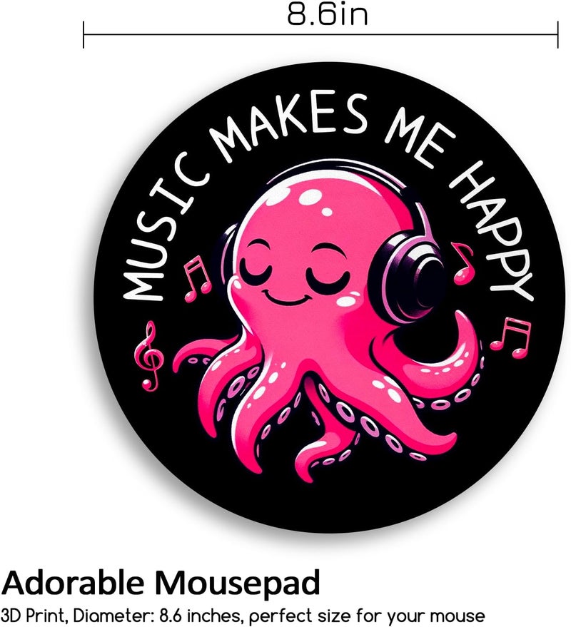 lebrocoli Music Octopus Mouse Pad, Small Round Black Mouse Pads for Desk, Mini Travel Mousepad for Work Wireless Computer Laptop, Office Desk Accessories, Music Makes Me Happy, 8.6 x 8.6 inch - Image 4