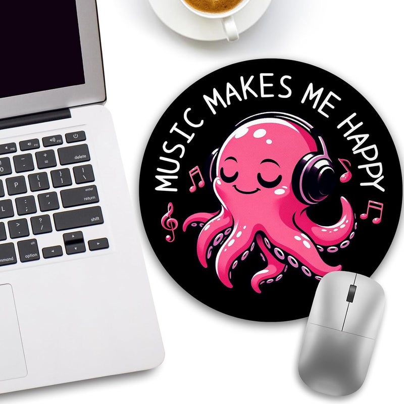 lebrocoli Music Octopus Mouse Pad, Small Round Black Mouse Pads for Desk, Mini Travel Mousepad for Work Wireless Computer Laptop, Office Desk Accessories, Music Makes Me Happy, 8.6 x 8.6 inch - Image 3