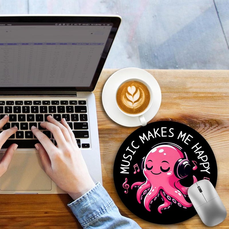 lebrocoli Music Octopus Mouse Pad, Small Round Black Mouse Pads for Desk, Mini Travel Mousepad for Work Wireless Computer Laptop, Office Desk Accessories, Music Makes Me Happy, 8.6 x 8.6 inch - Image 2