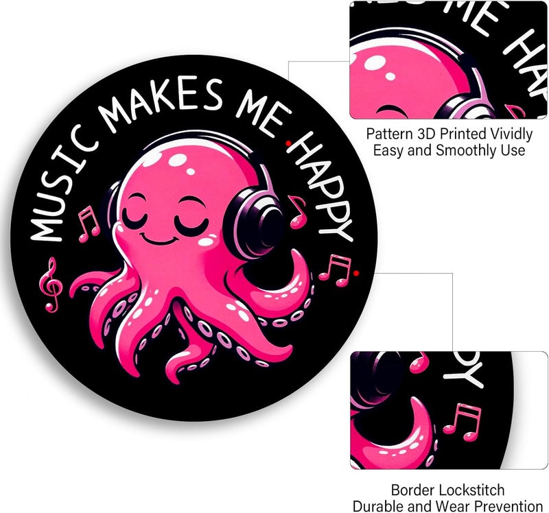 lebrocoli Music Octopus Mouse Pad, Small Round Black Mouse Pads for Desk, Mini Travel Mousepad for Work Wireless Computer Laptop, Office Desk Accessories, Music Makes Me Happy, 8.6 x 8.6 inch - Image 5