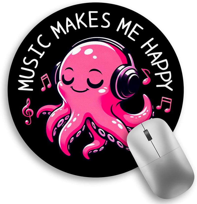 lebrocoli Music Octopus Mouse Pad, Small Round Black Mouse Pads for Desk, Mini Travel Mousepad for Work Wireless Computer Laptop, Office Desk Accessories, Music Makes Me Happy, 8.6 x 8.6 inch - Image 1