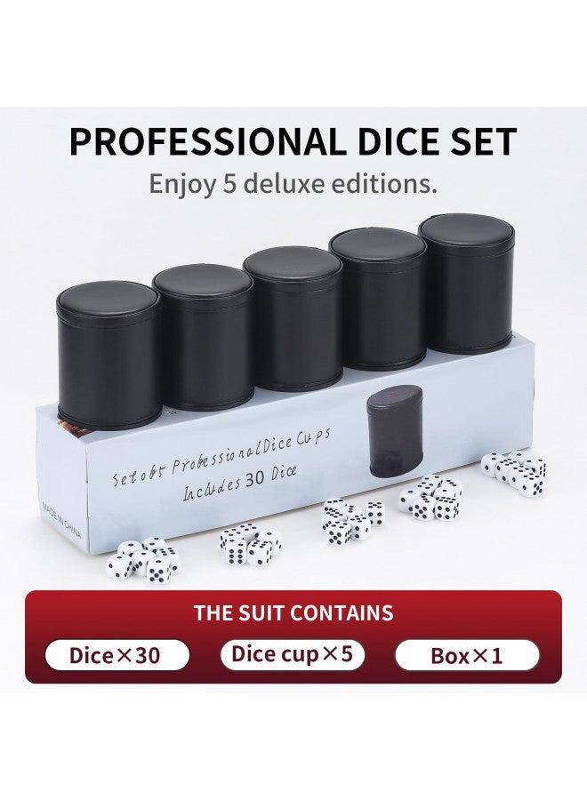 RERIVER 5 Pack PU Leather Dice Cup Set with 6 Dot Dices Felt Lined Quiet Shaker for Yahtzee Bar Party Family Dice Games,Red/Black - Image 2