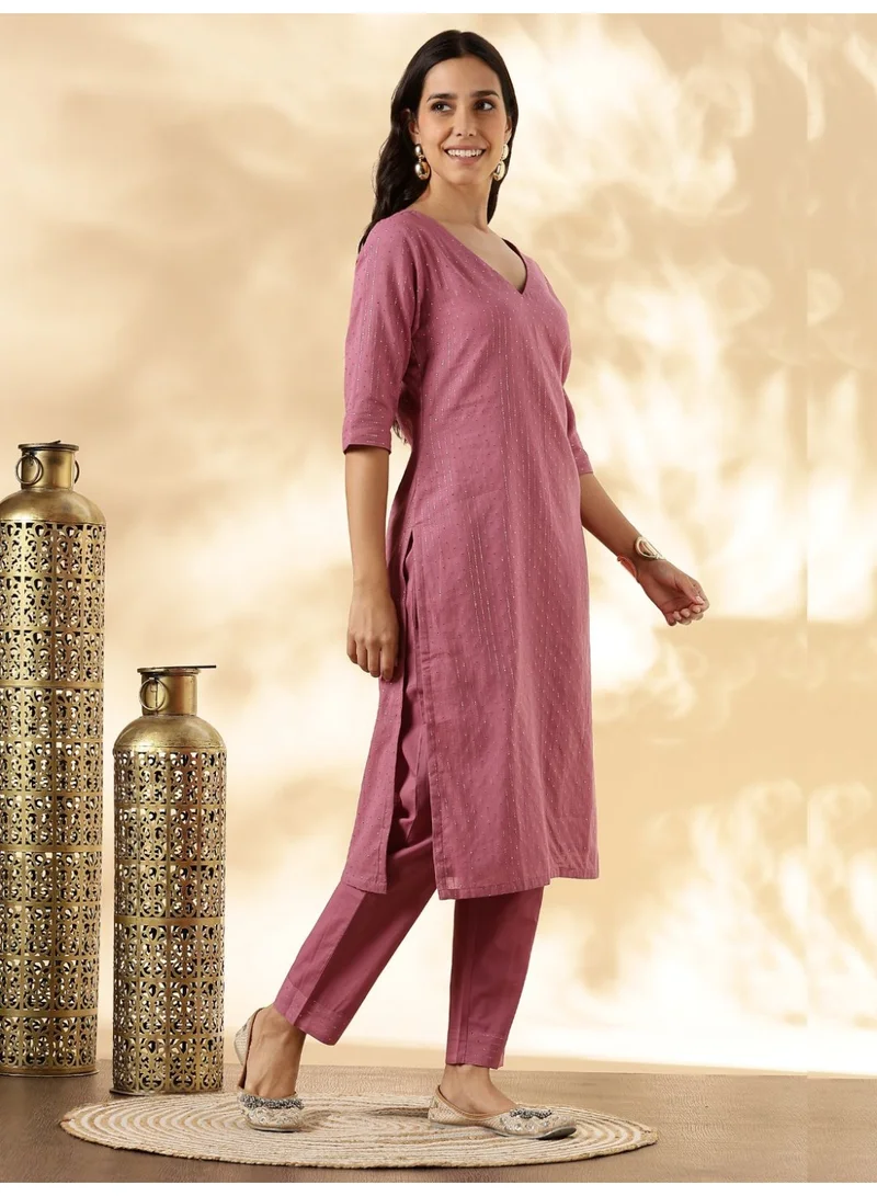 Abhishti  Pink Lurex Kurta with solid Pant Set  | Best Price UAE