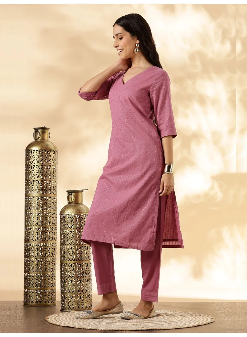 Abhishti  Pink Lurex Kurta with solid Pant Set  | Best Price UAE
