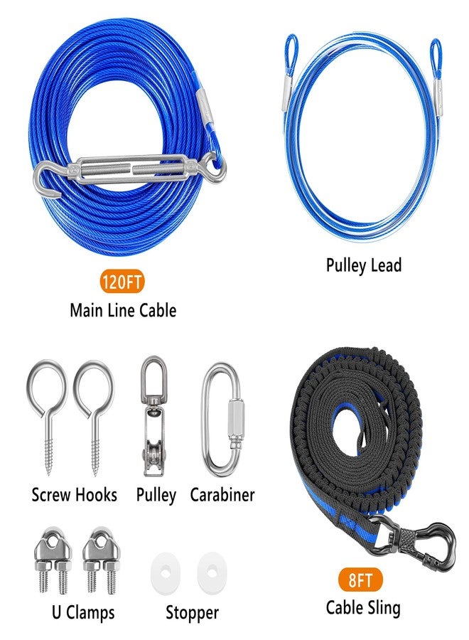 XiaZ Dog Tie Out Cable, 120ft Trolley Runner Cable for Dogs up to 250lbs, Dog Lead for Yard, Camping, Outdoor, with 8 Ft Nylon Bungee Runner, Cable Sling to Protect Trees,Blue - Image 2