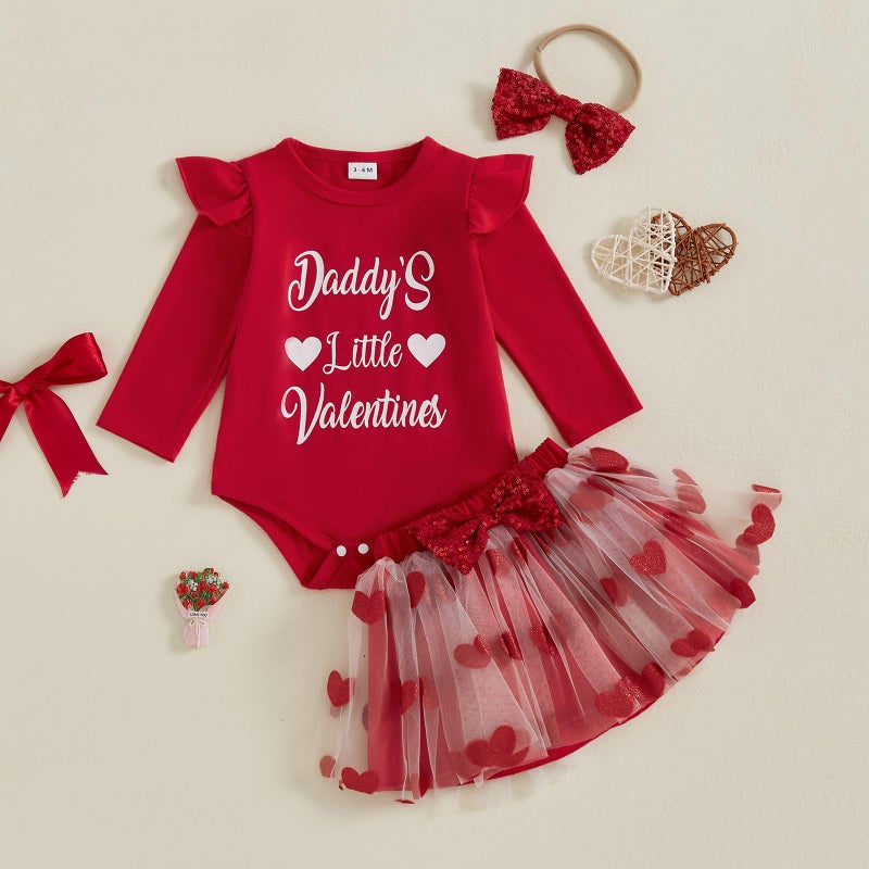 DNOMAID YZARC Valentines Baby Girl Outfit Long Sleeve Romper Heart Tulle Skirt Cute Headband 3 Piece Clothes Set (Red, 0-3 Months) - Image 2