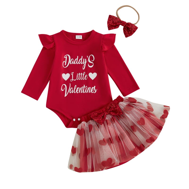 DNOMAID YZARC Valentines Baby Girl Outfit Long Sleeve Romper Heart Tulle Skirt Cute Headband 3 Piece Clothes Set (Red, 0-3 Months) - Image 1