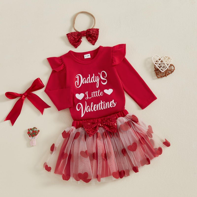 DNOMAID YZARC Valentines Baby Girl Outfit Long Sleeve Romper Heart Tulle Skirt Cute Headband 3 Piece Clothes Set (Red, 0-3 Months) - Image 3
