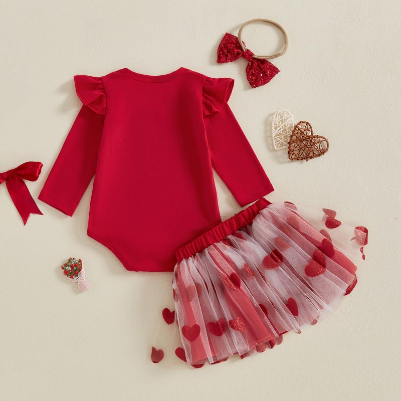 DNOMAID YZARC Valentines Baby Girl Outfit Long Sleeve Romper Heart Tulle Skirt Cute Headband 3 Piece Clothes Set (Red, 0-3 Months) - Image 4