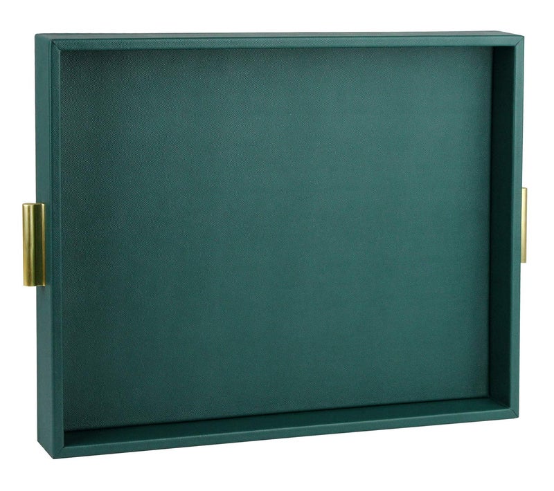 HofferRuffer Extra Large Serving Tray with Handles Elegant Faux Leather Storage Decorative Tray for Coffee Table Ottoman Console Table Green TrayGolden Handle