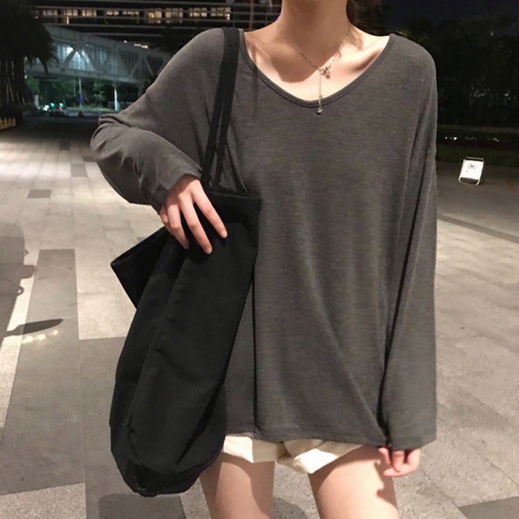 Ins Super Popular T-Shirt Women'S Spring/Autumn/Winter Inner Wear Solid Color Long Sleeve Bottoming Shirt Korean Style Fashionable Students Outer Wear Loose Top Clothes - Image 2