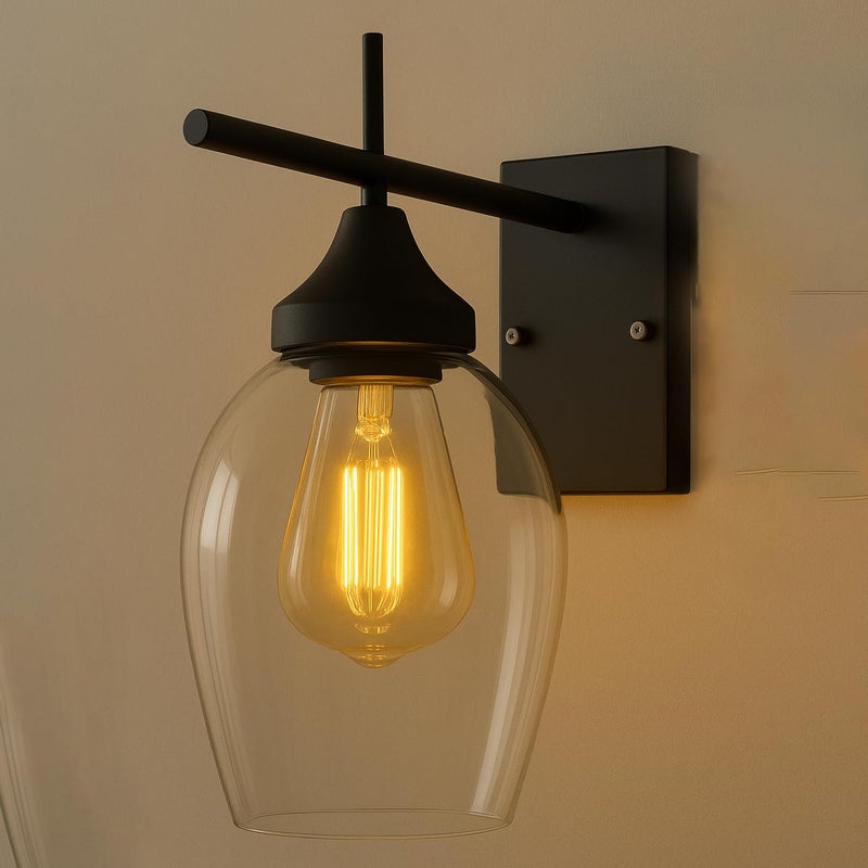 SINOMAN Black Metal Wall Lamp with Oval Clear Glass Shade Modern Home Lighting Decorative Indoor Wall Light Fixture for Living Room, Bedroom, Hallway, Shops, Malls (with Bulb) - Image 5
