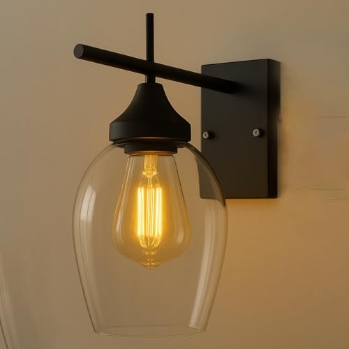 SINOMAN Black Metal Wall Lamp with Oval Clear Glass Shade Modern Home Lighting Decorative Indoor Wall Light Fixture for Living Room, Bedroom, Hallway, Shops, Malls (with Bulb) - Image 1