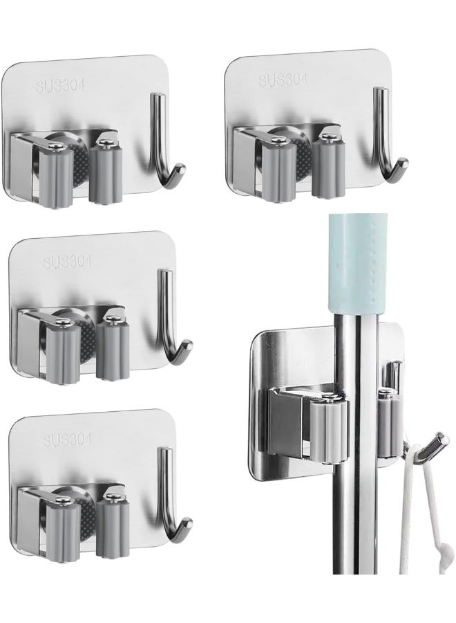 ECVV Mop Broom Holder, 4Pcs Wall Mount Stainless Steel Garage Holder, Tool Organizer, Heavy Duty Hook Hanger No Drill For Home, Kitchen, Garden, Bathroom Wall Hooks Storage-Silver - Image 1